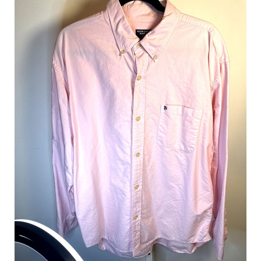 VTG Ralph Lauren Jeans Co Lg Button Down Shirt RL 67 Logo Pink Cotton Oxford USA